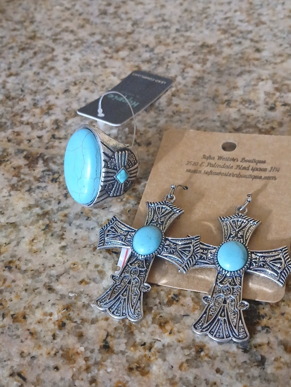 Turquoise Cross Dangle Earrings and Statement Ring Set - Silver Tone